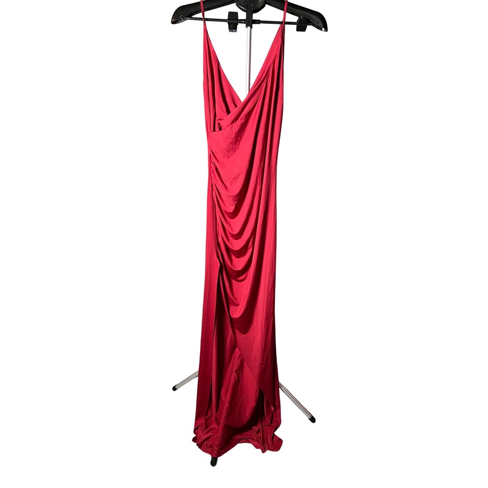 Hello Molly Bullseye Maxi Dress Red Cowl Back High Slit Formal Gown Size L